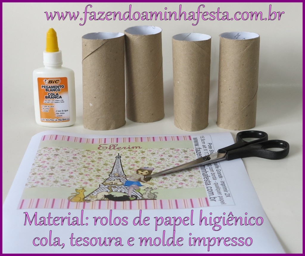 Material: Você precisa de rolos de papel higiênico de qualquer marca, tesoura para cortar o molde, molde decorado em qualquer papel e cola (branca ou bastão)
