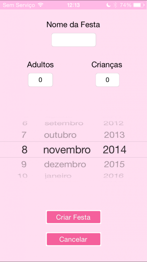 Dê um nome para sua festa Esolha a quantidade de convidados e a Data. passe o dedo em qualquer parte da tela para aparecer o borção "Criar Festa"